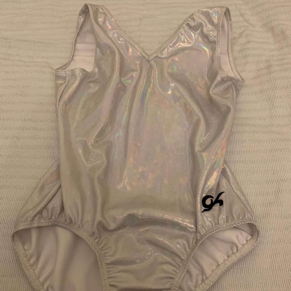 White holographic adult M/L GK gymnastics leotard